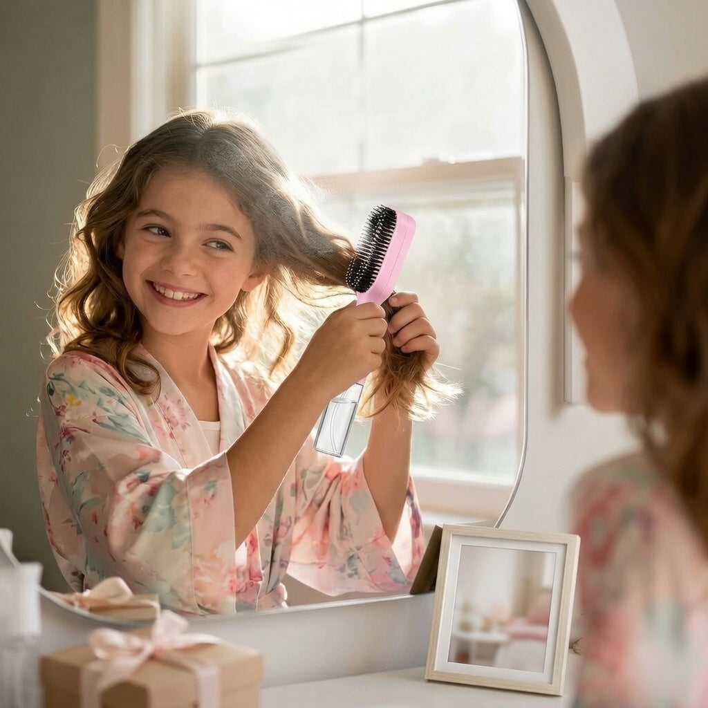 Niña usando el Cepillo Antifrizz con Spray 2 en 1